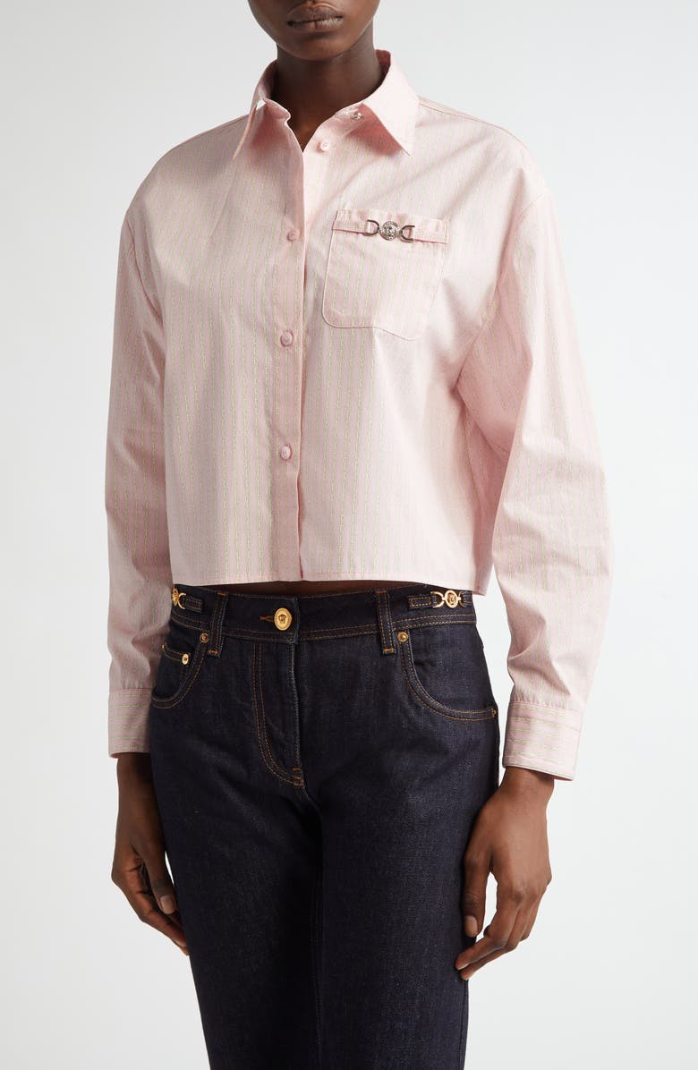 Versace Pinstripe Chain Crop Cotton Poplin Button-Up Shirt, Main, color, 