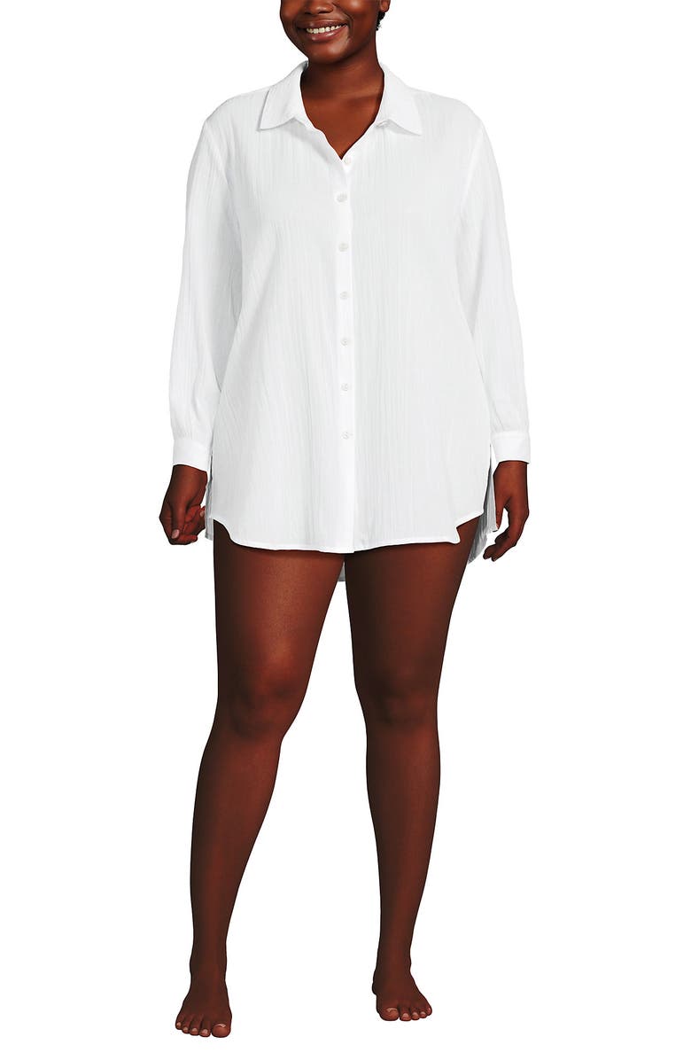 Lands' End Plus Size New Button-Up Shirt Cover-Up Dress, Alternate, color, White