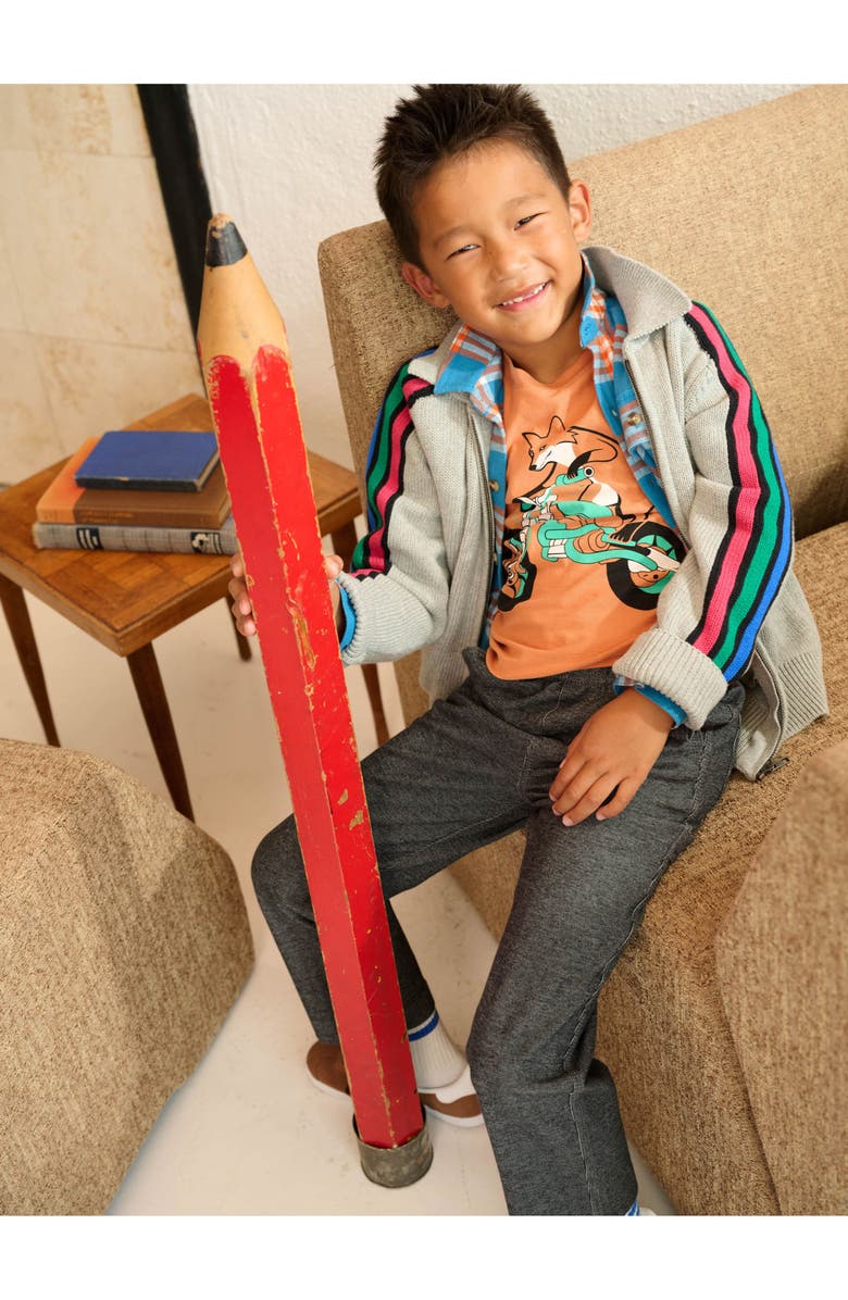 Tea Collection Stripe Sleeve Zip Sweater, Alternate, color, Med Heather Grey