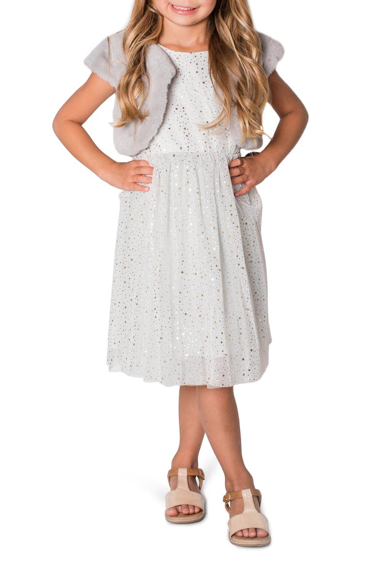 Kids' Foil Star Tulle Dress & Faux Fur Bolero, Alternate, color, GREY