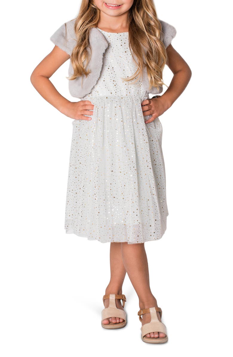 Popatu Kids' Foil Star Tulle Dress & Faux Fur Bolero, Alternate, color, 