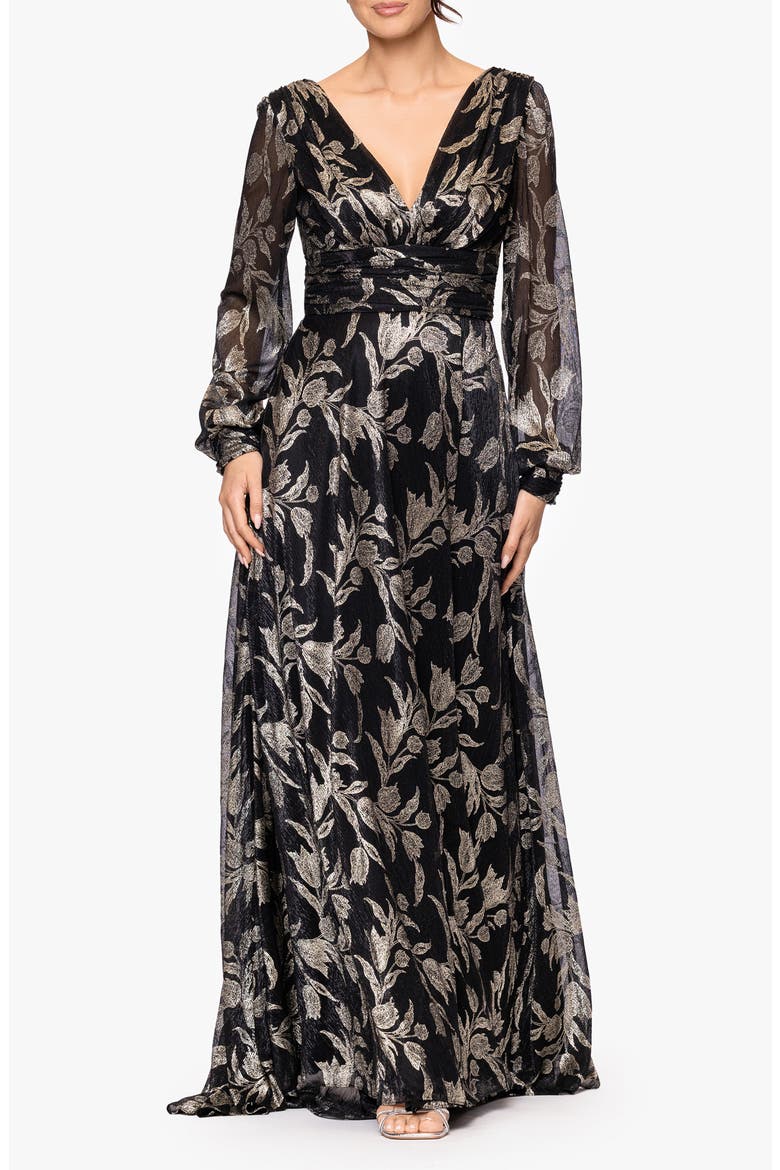 Metallic Floral Long Sleeve Crinkle Mesh Gown, Main, color, BLACK/GOLD