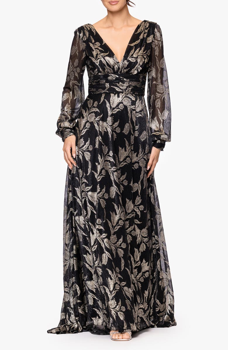 Betsy & Adam Metallic Floral Long Sleeve Crinkle Mesh Gown, Main, color, Black/Gold