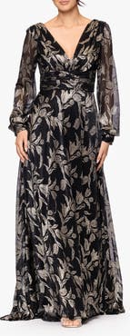 Betsy & Adam Metallic Floral Long Sleeve Crinkle Mesh Gown