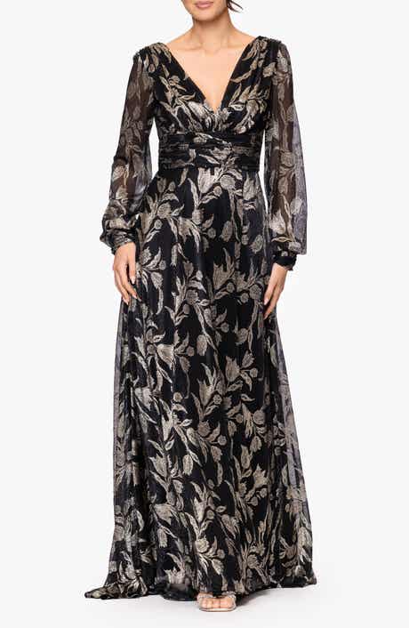 Betsy & Adam Metallic Floral Long Sleeve Crinkle Mesh Gown