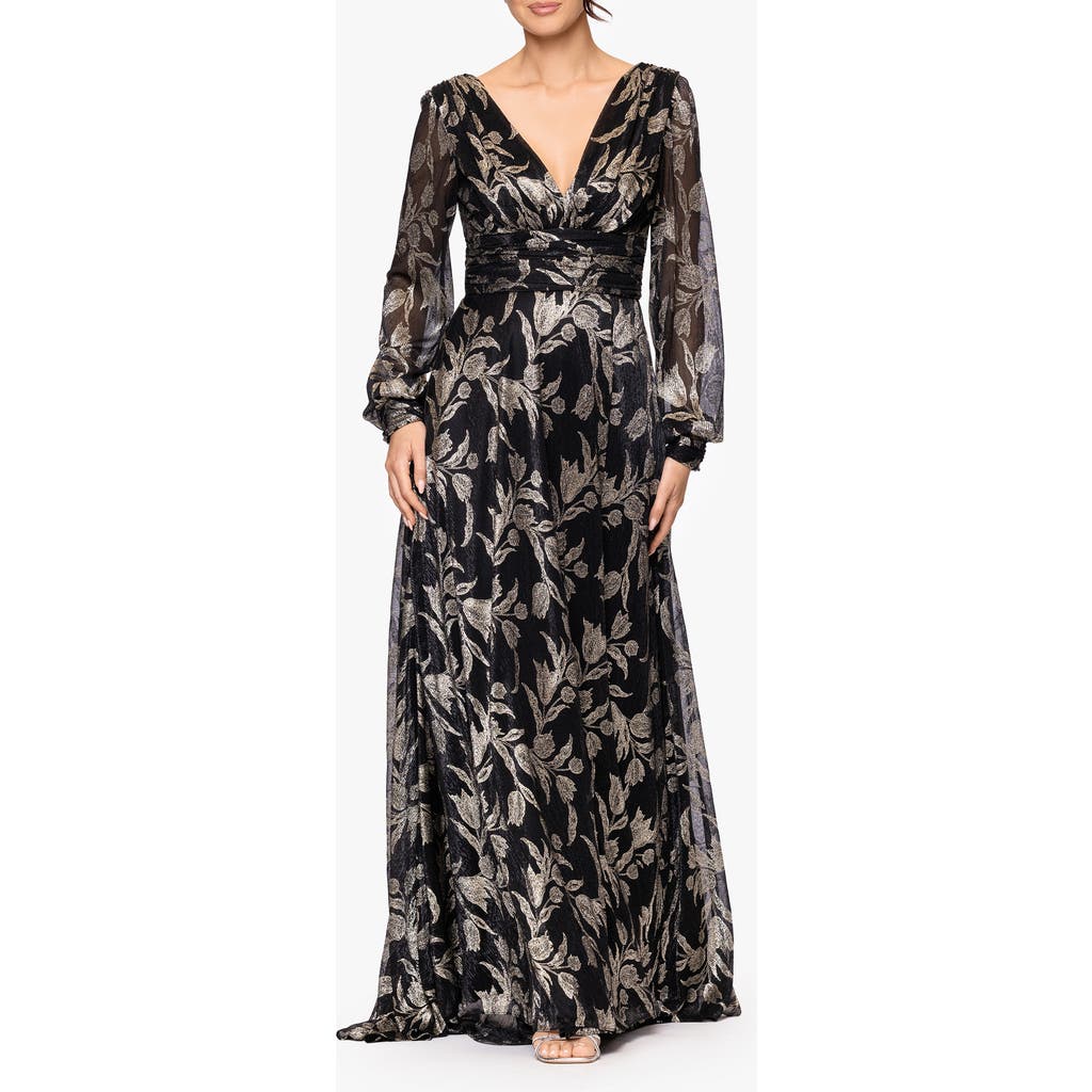 Betsy & Adam Metallic Floral Long Sleeve Crinkle Mesh Gown In Black