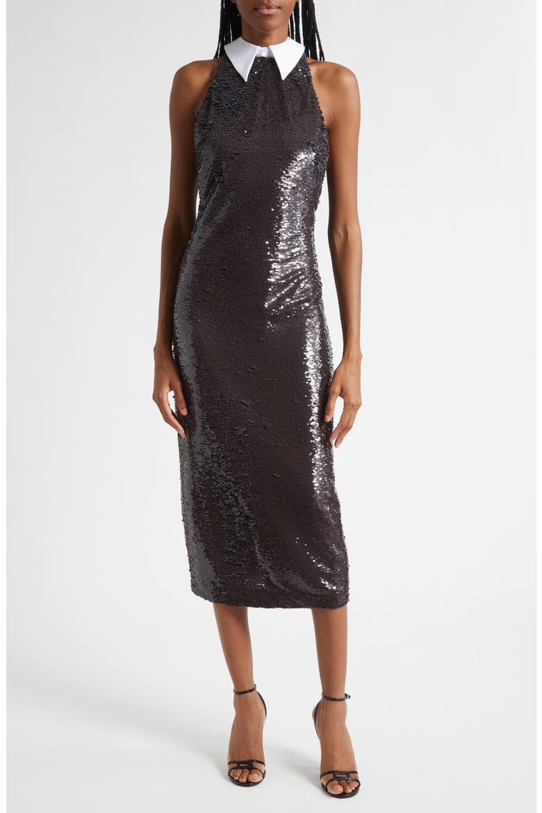 Lilith Sequin Poplin Collar Sleeveless Midi Dress, Main, color, BLACK/ WHITE CONTRAST