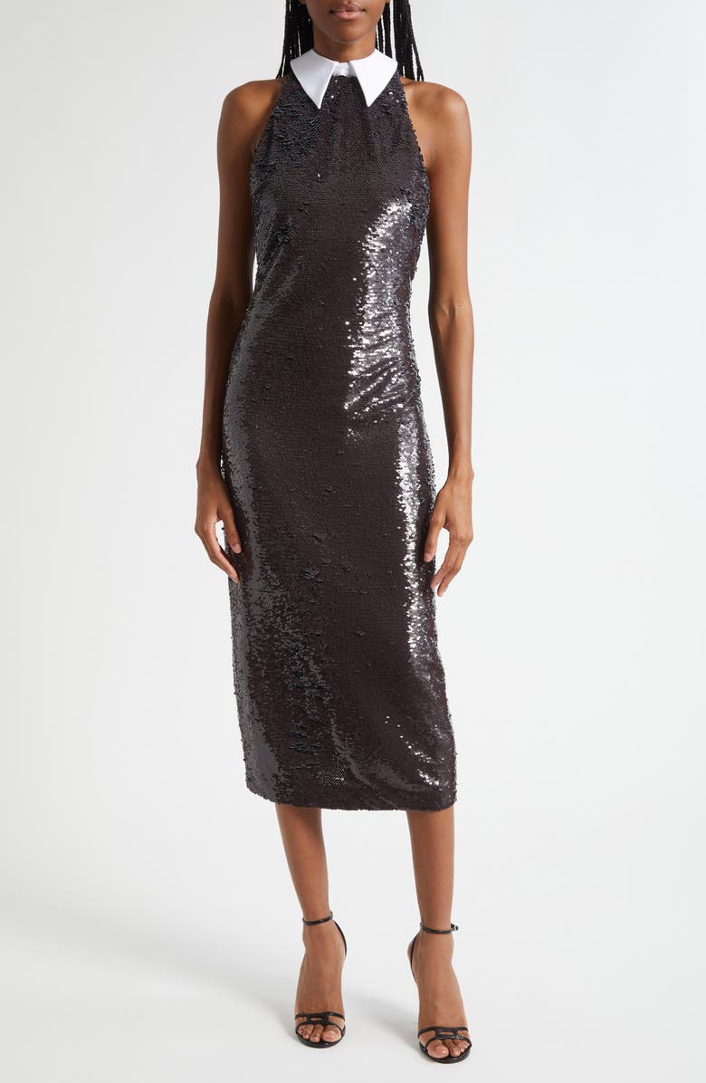 L'AGENCE Lilith Sequin Poplin Collar Sleeveless Midi Dress, Main, color, Black/ White Contrast