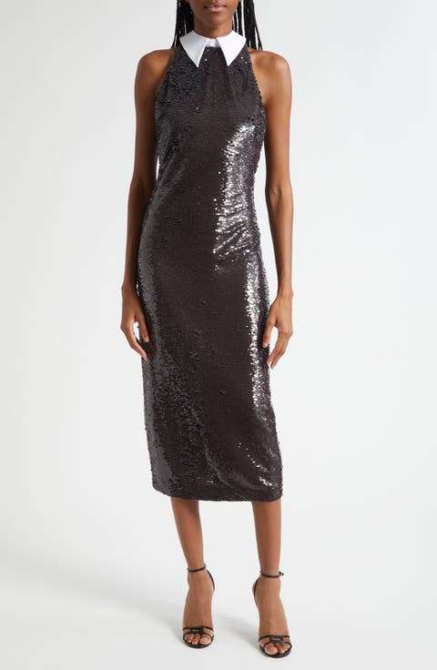 Lilith Sequin Poplin Collar Sleeveless Midi Dress