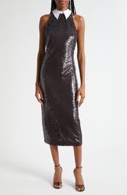 L'AGENCE Lilith Sequin Poplin Collar Sleeveless Midi Dress