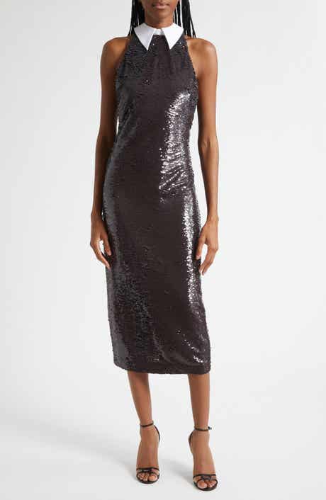 L'AGENCE Lilith Sequin Poplin Collar Sleeveless Midi Dress