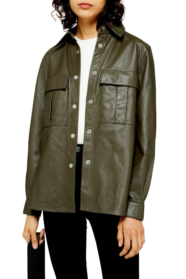 Leather Shirt Jacket, Main, color, OLIVE
