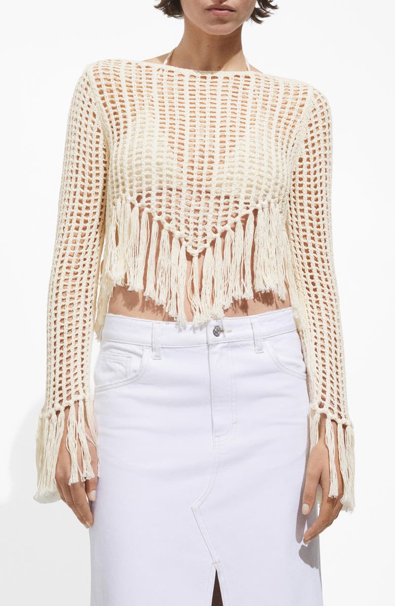 MANGO Openwork Crop Fringe Sweater, Main, color,