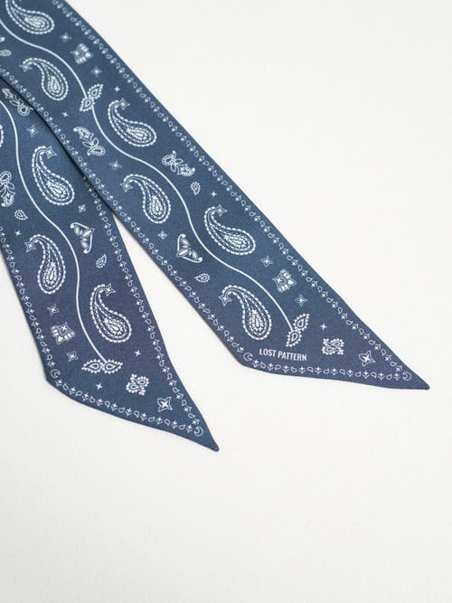 Lost Pattern Nyc "paisley" Silk Twill Skinny Scarf In Blue