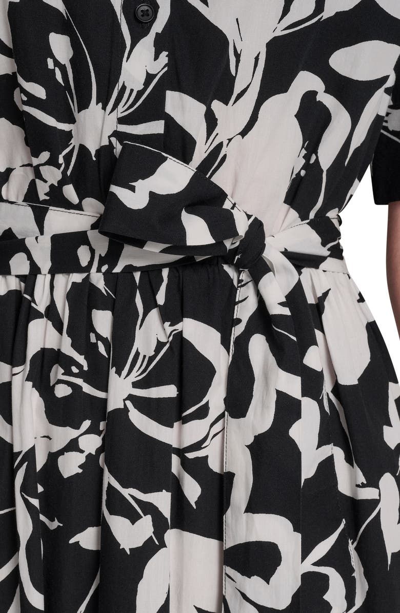 DKNY Floral Elbow Sleeve Cotton Midi Shirtdress, Alternate, color, Black/ Ivory
