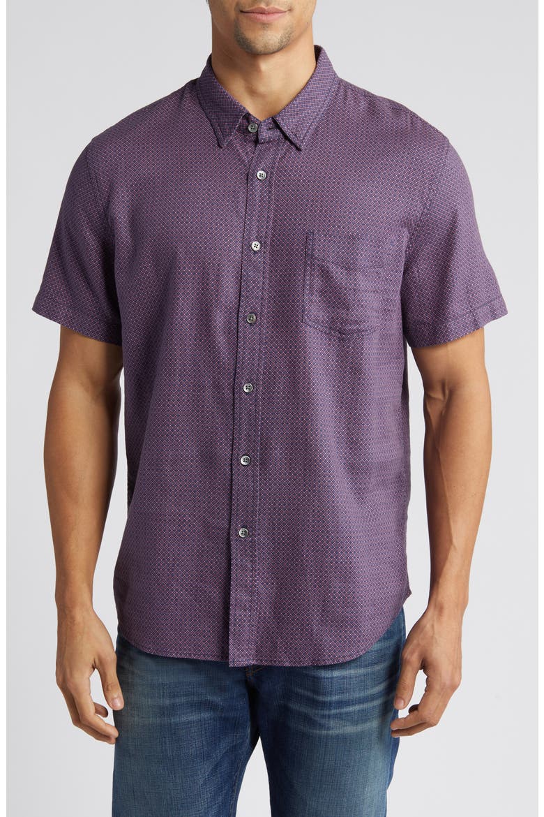 Carson Geometric Print Short Sleeve Linen Blend Button-Up Shirt, Main, color, MOROCCAN TILE ROSE