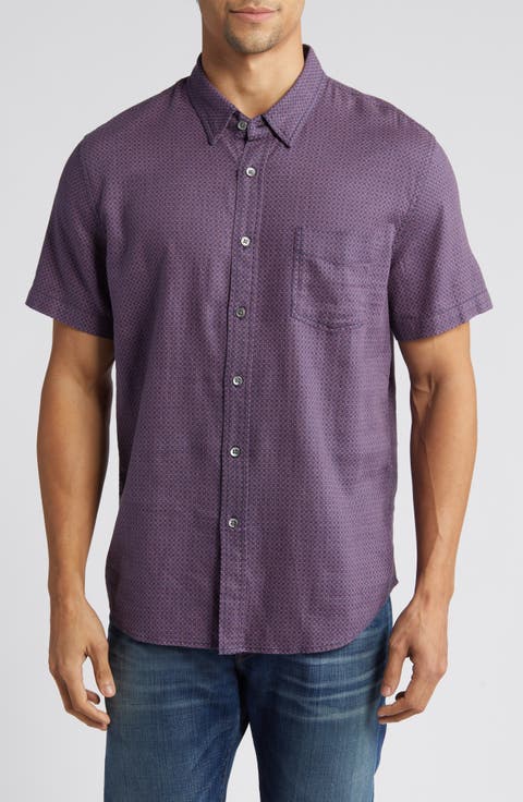 Carson Geometric Print Short Sleeve Linen Blend Button-Up Shirt
