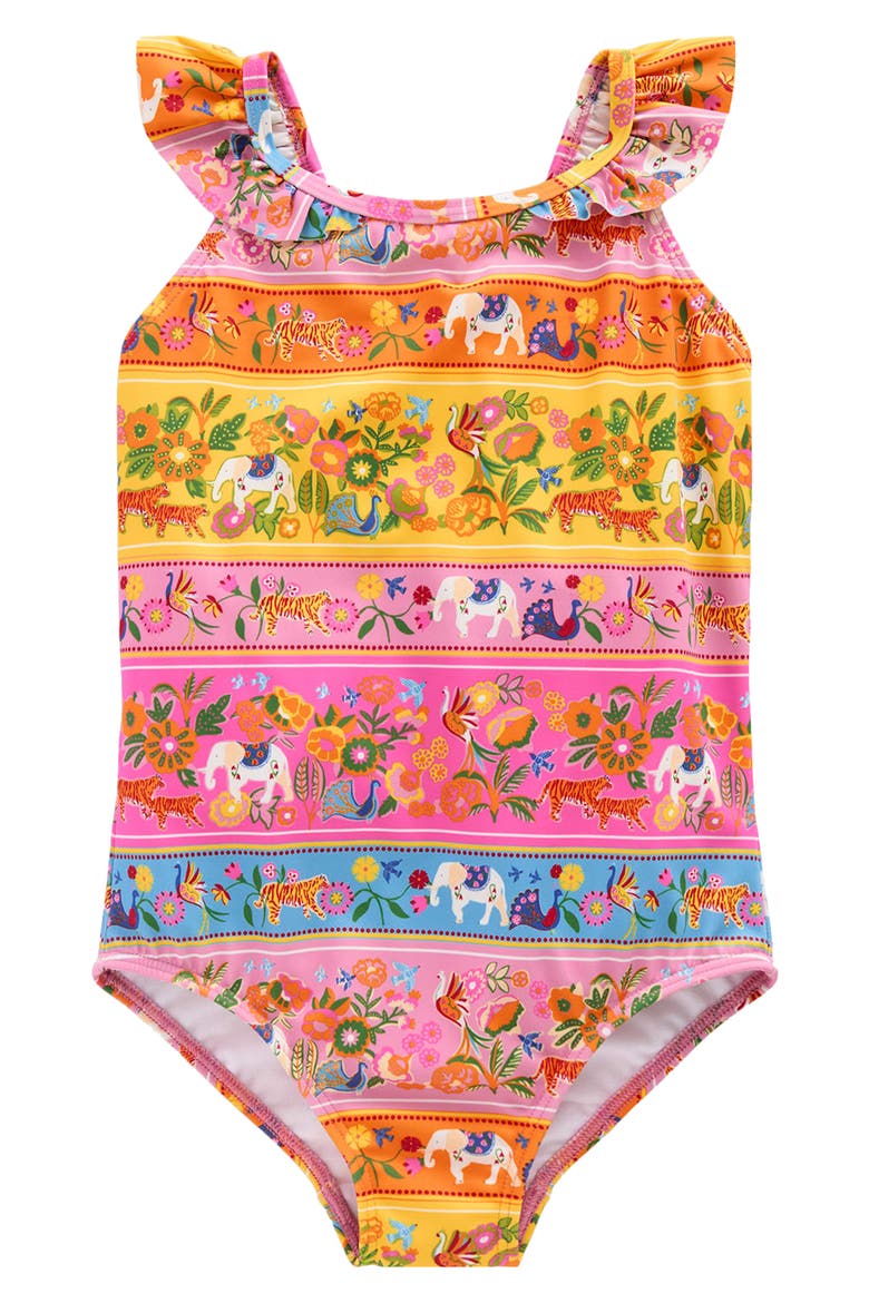 Kids' Frill Strap One-Piece Swimsuit, Main, color, MULTI TROPICAL ANIMALS STRIPE