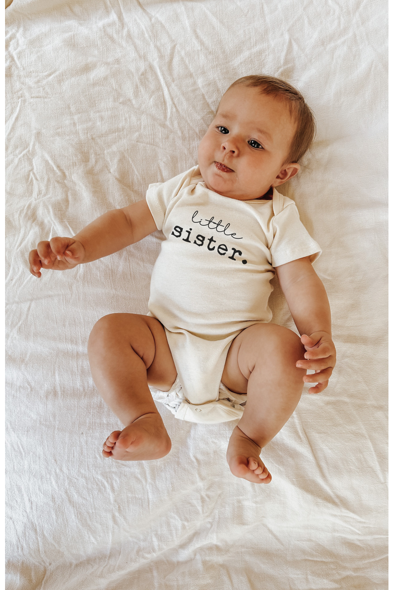 Little Sister Organic Baby Bodysuit, Alternate, color, Natural Black Lettering