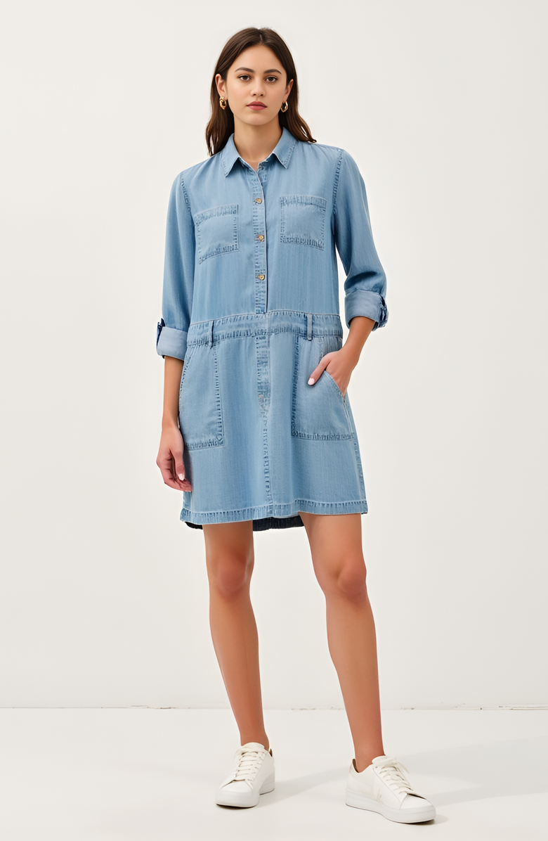 Modenaire Long-Sleeve Button-Front Denim Mini Dress, Alternate, color, Light Blue