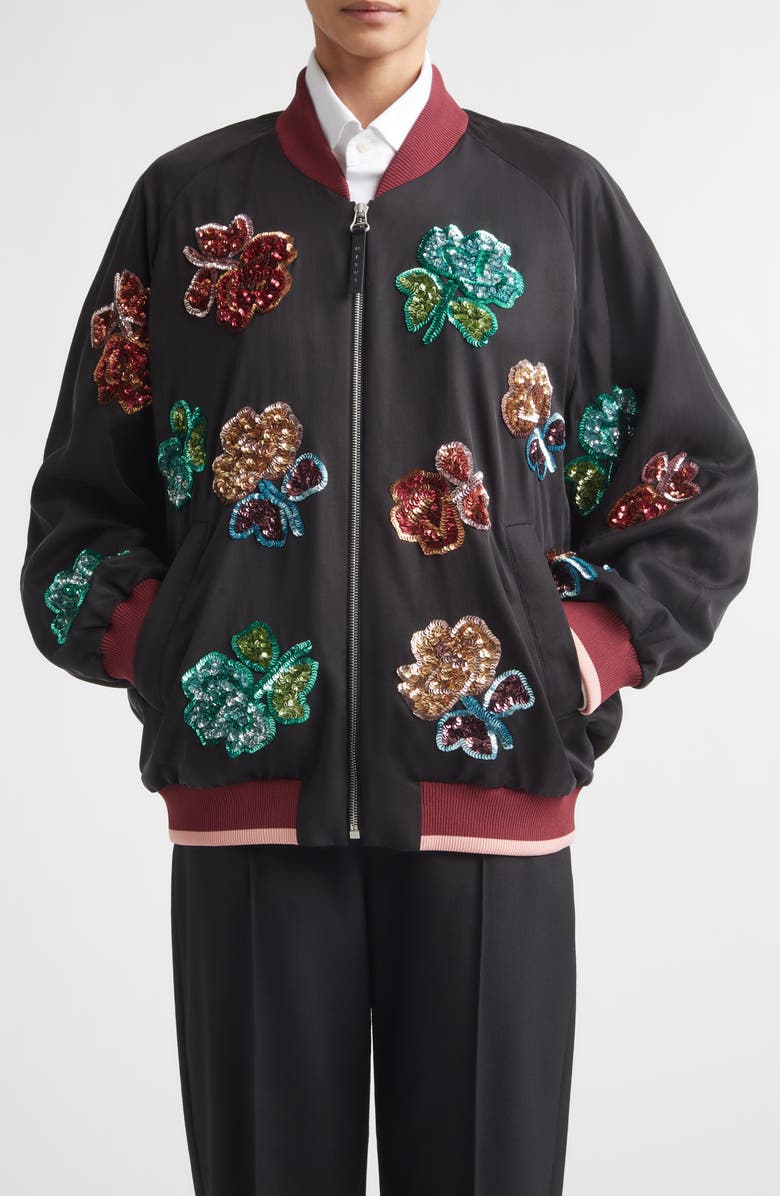 Marni Sequin Flowers Satin Bomber Jacket, Main, color, 00N99 Black