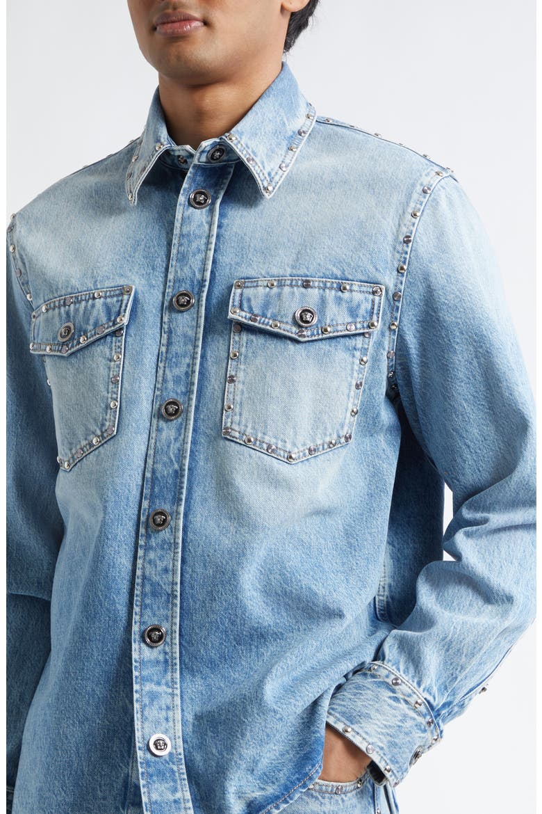Medusa Studded Denim Button-Up Shirts, Alternate, color, LIGHT BLUE