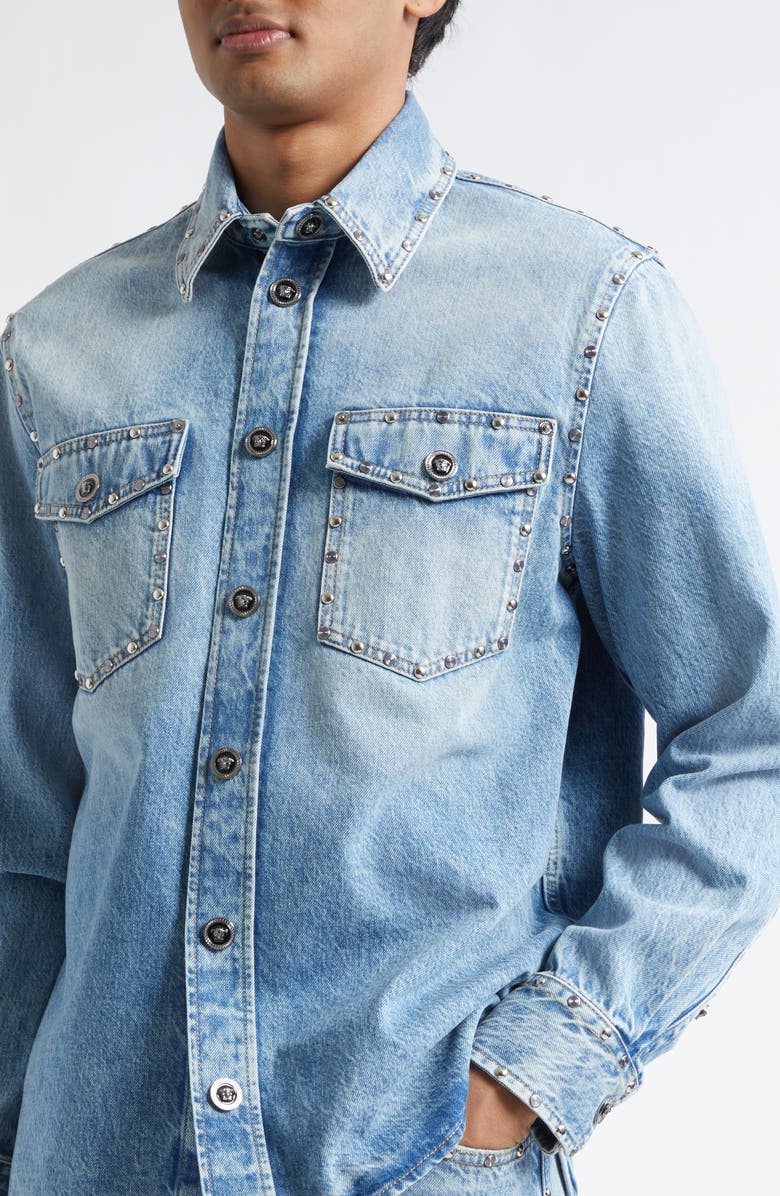 Versace Medusa Studded Denim Button-Up Shirts, Alternate, color, Light Blue