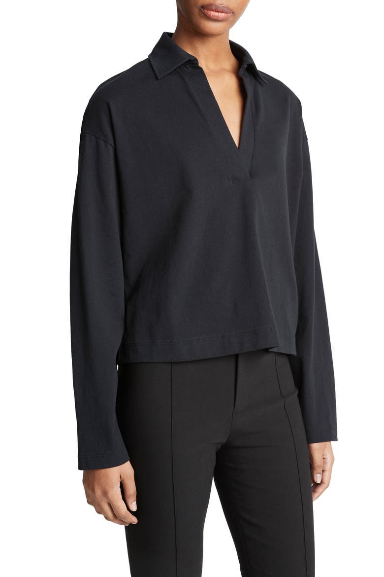 Easy Long Sleeve Cotton Polo, Alternate, color, BLACK
