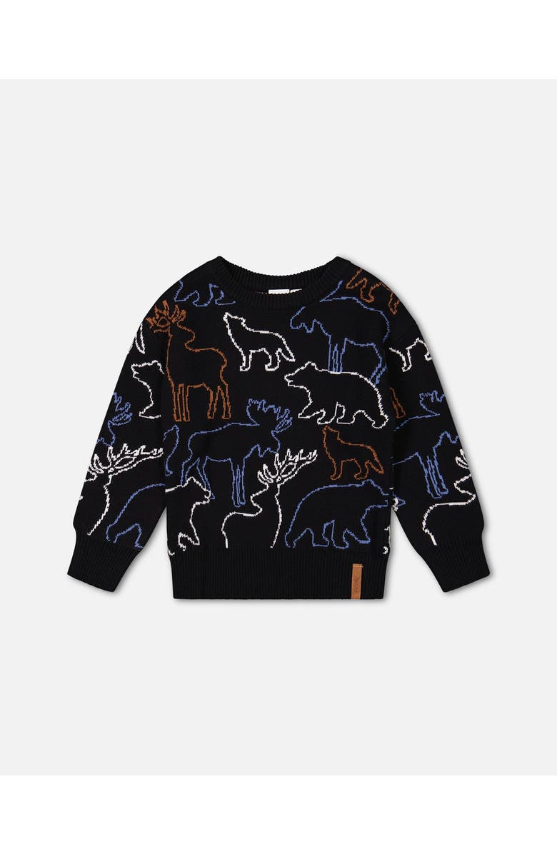 Deux par Deux Boy's Sweater With Intarsia Animal Forest Black, Main, color,