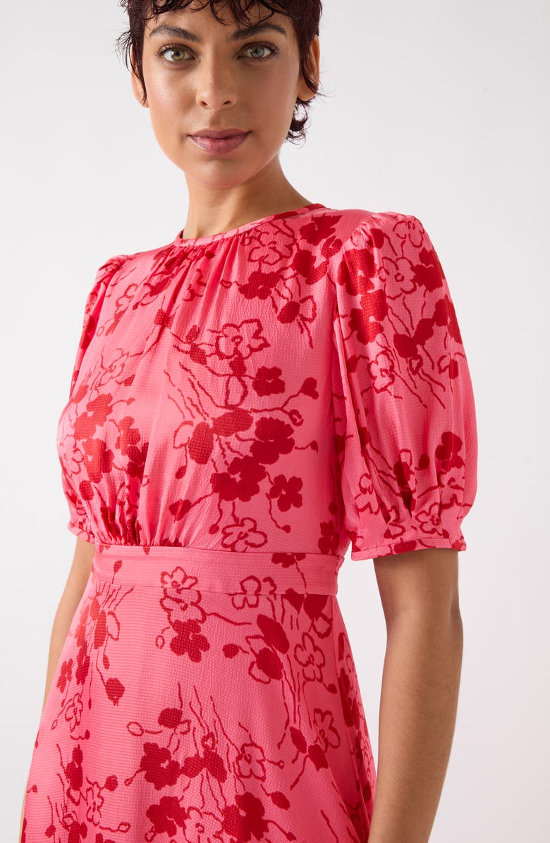 LK Bennett Jem Puff Sleeve Hammered Satin Midi Dress, Alternate, color, Pink