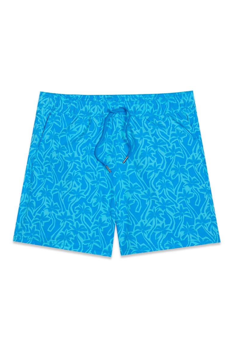 The Bungalow Water Repellent Swim Trunks, Alternate, color, TURQUOISE CUTOUT PALMS