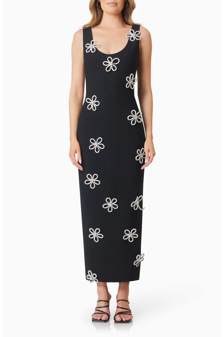 Delia Diamante Floral Appliqué Body-Con Gown, Main, color, BLACK