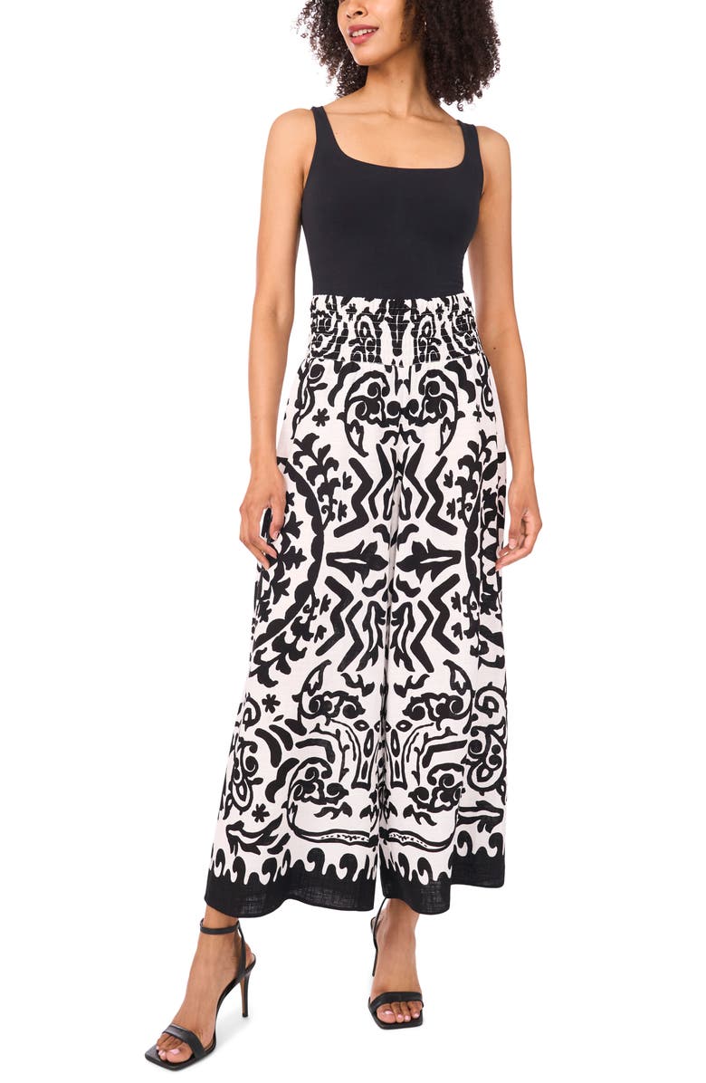 Vince Camuto Printed Smocked Waist Wide Leg Pants, Alternate, color, Rich Black Black Ivory Print