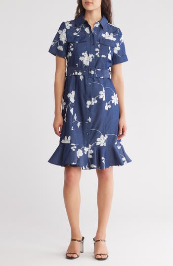 By Design Romina Floral Embroidered Short Sleeve Shirtdress In Dark Chambray/gardenia