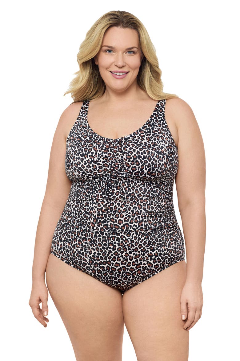 Plus Size Cinch V-neck Side Shirred One-Piece Swimsuit, Main, color, Desert Leopard