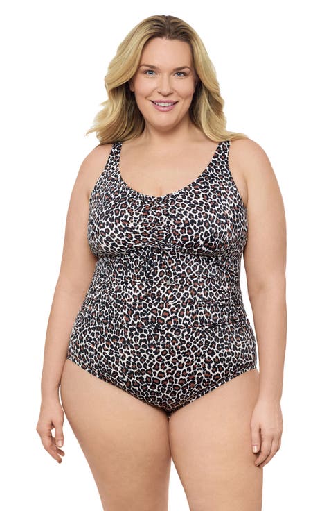 Plus Size Cinch V-neck Side Shirred One-Piece Swimsuit
