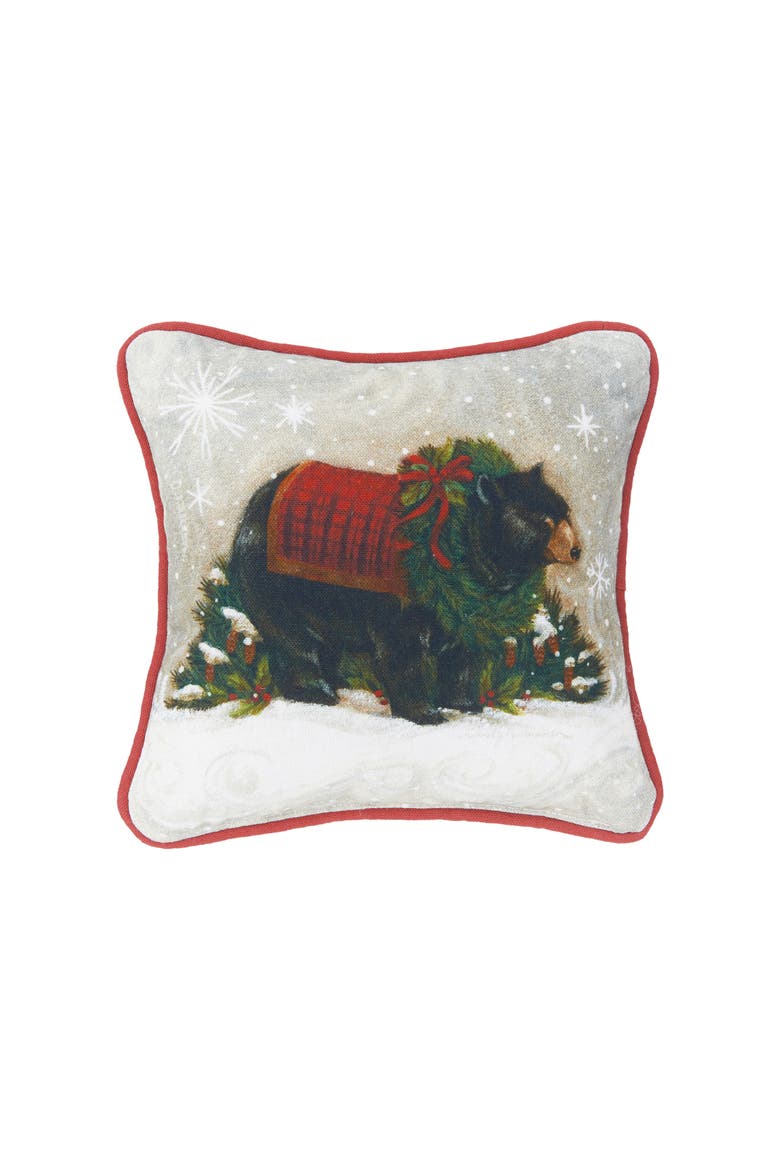 Wreath & Pinecones Snowflakes Woodland Bear Cotton Mini Accent Pillow, 8" x 8", Main, color, Green