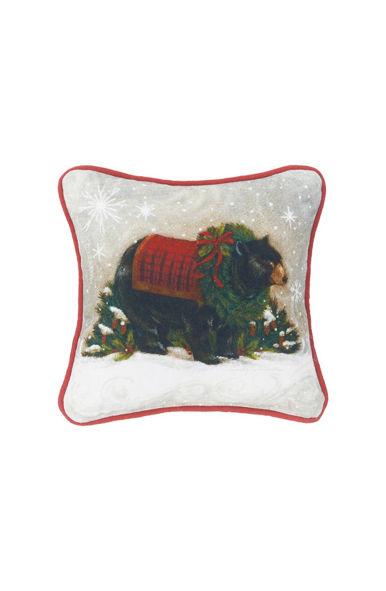 C&F Home Wreath & Pinecones Snowflakes Woodland Bear Cotton Accent Pillow, 8" x 8", Main, color, Green