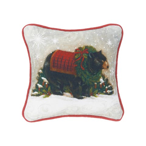 Wreath & Pinecones Snowflakes Woodland Bear Cotton Accent Pillow, 8" x 8"