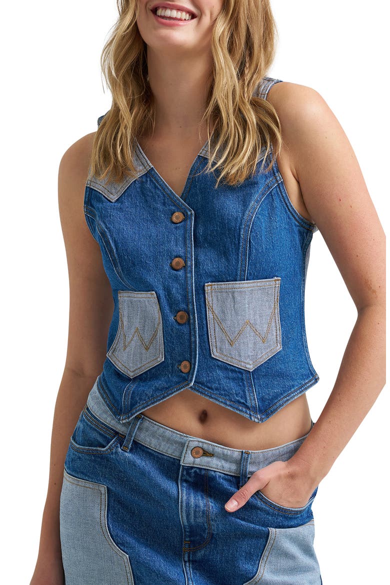 Rodeo Print Two-Tone Denim Vest, Main, color, BLUE FEVER
