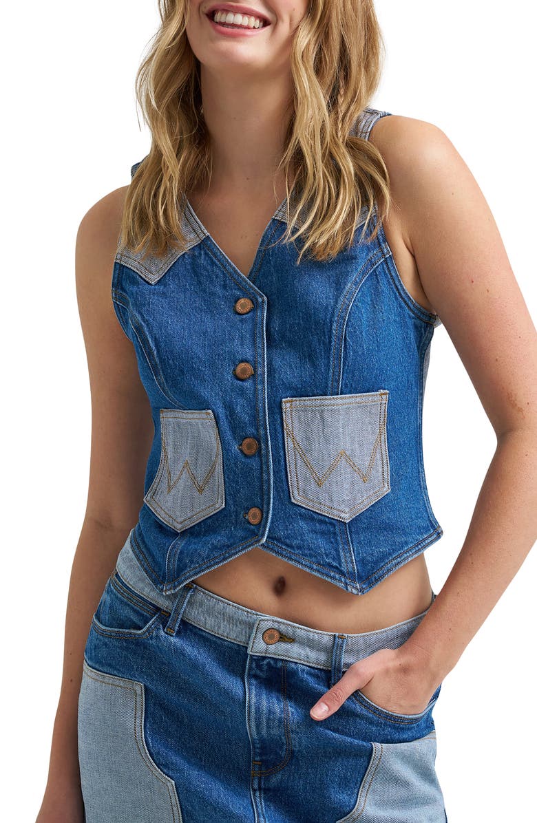 Wrangler Rodeo Print Two-Tone Denim Vest, Main, color,