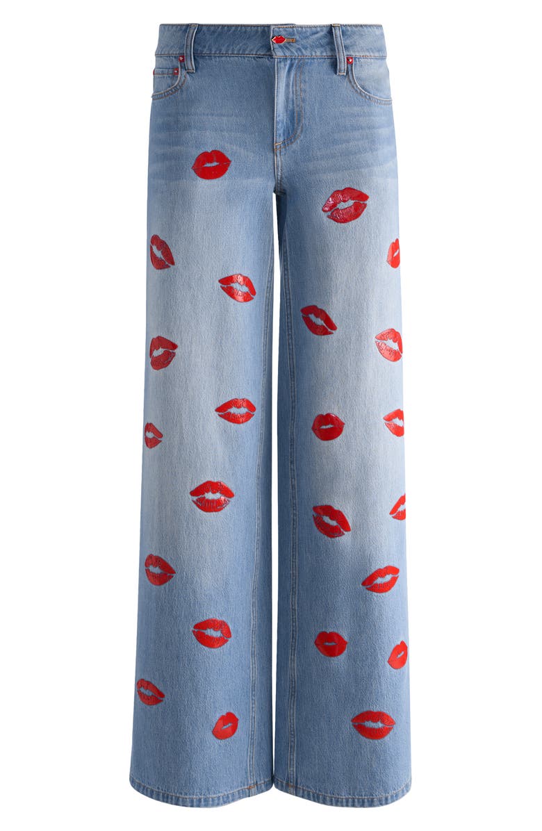 Alice + Olivia Amazing Kiss Print Wide Leg Jeans, Alternate, color, Denver Bright Blue