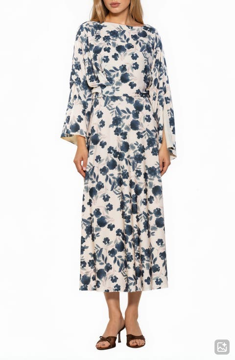 Cleo Boat Neck Trumpet Sleeve Midi Dress