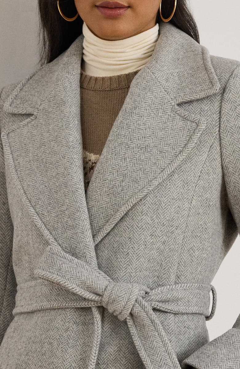 Lauren Ralph Lauren Wrap Longline Coat, Alternate, color, Grey/ Cream Herringbone
