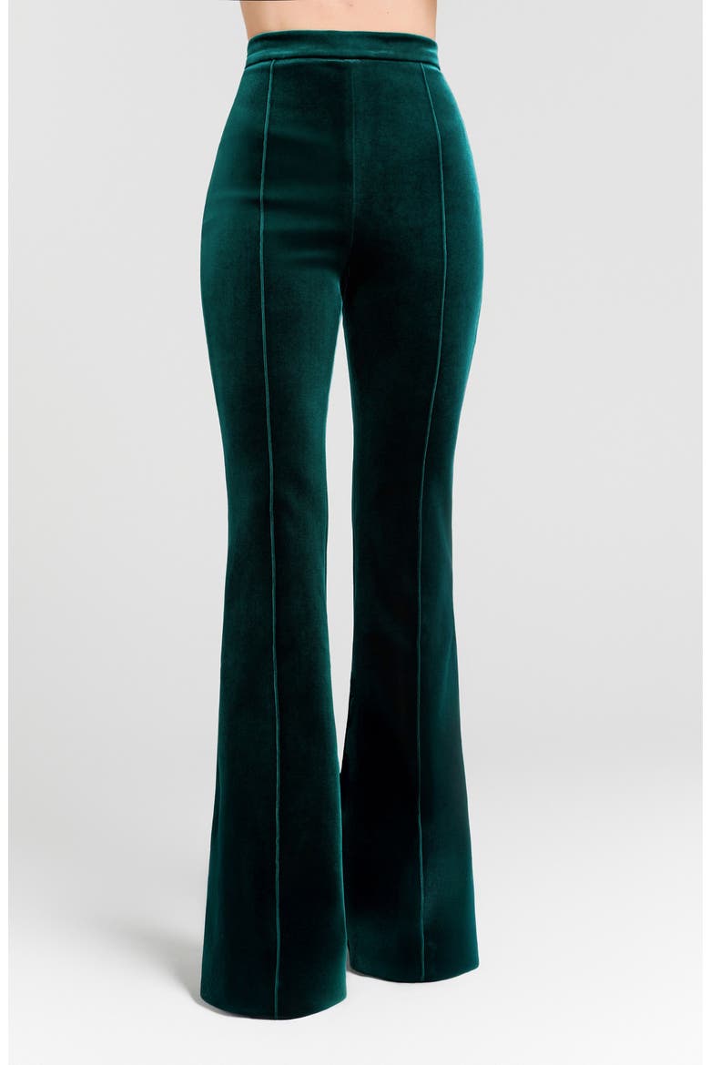 Beatrice Pintucked High Waist Flared Velvet Trousers, Main, color, GREEN
