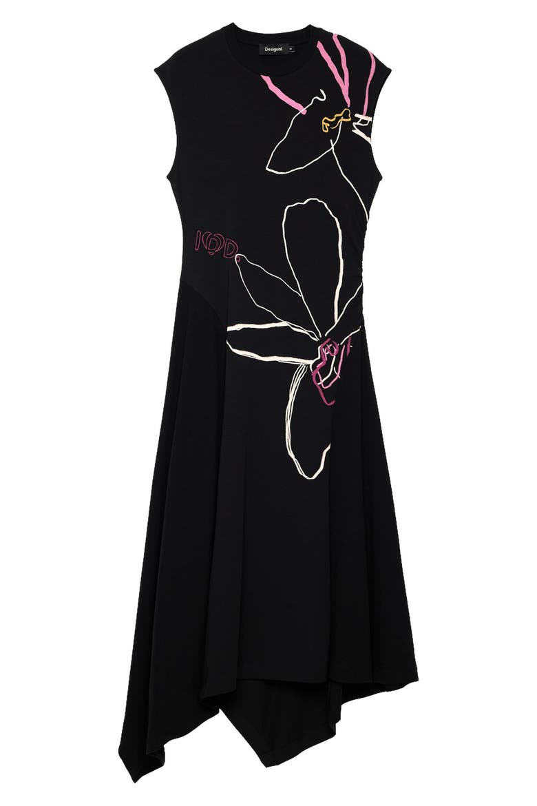 Asymmetric Floral Dress, Main, color, BLACK