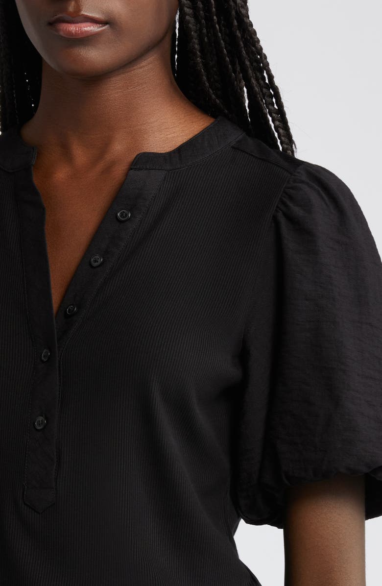 DKNY Puff Sleeve Mixed Media Henley Top, Alternate, color,