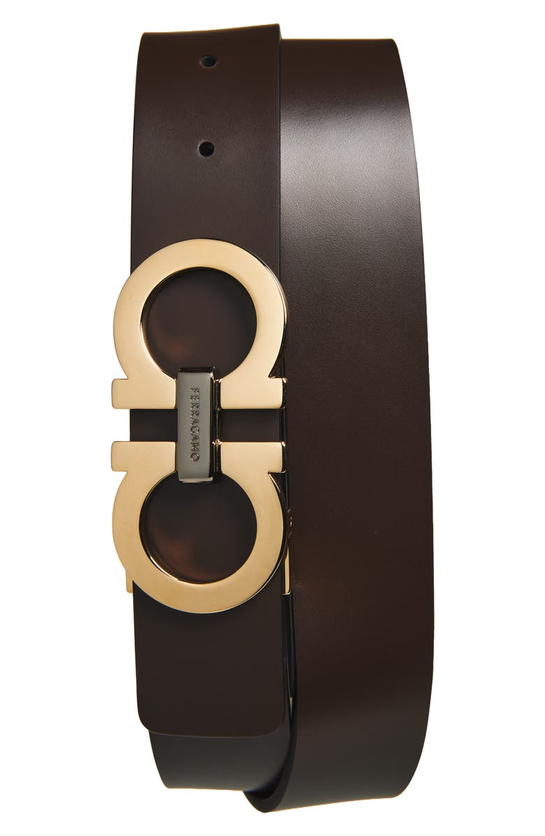 FERRAGAMO Double Gancio Leather Belt, Main, color, T.moro Nero