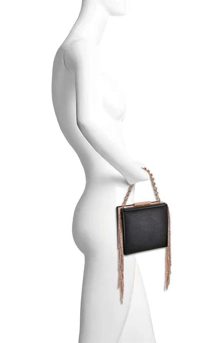 Jewel Badgley Mischka Ryker Leather Crystal Fringed Box Clutch, Alternate, color, Black