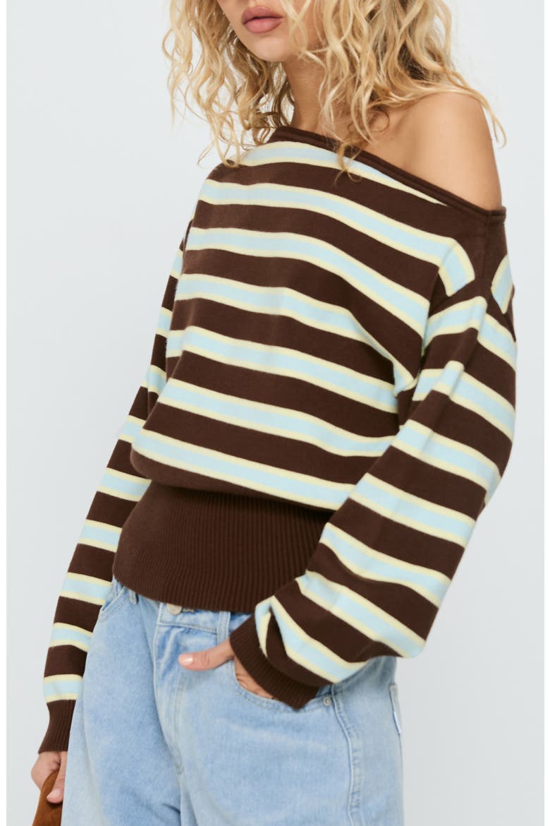 Zinia One-Shoulder Sweater, Alternate, color, BROWN / BLUE STRIPE